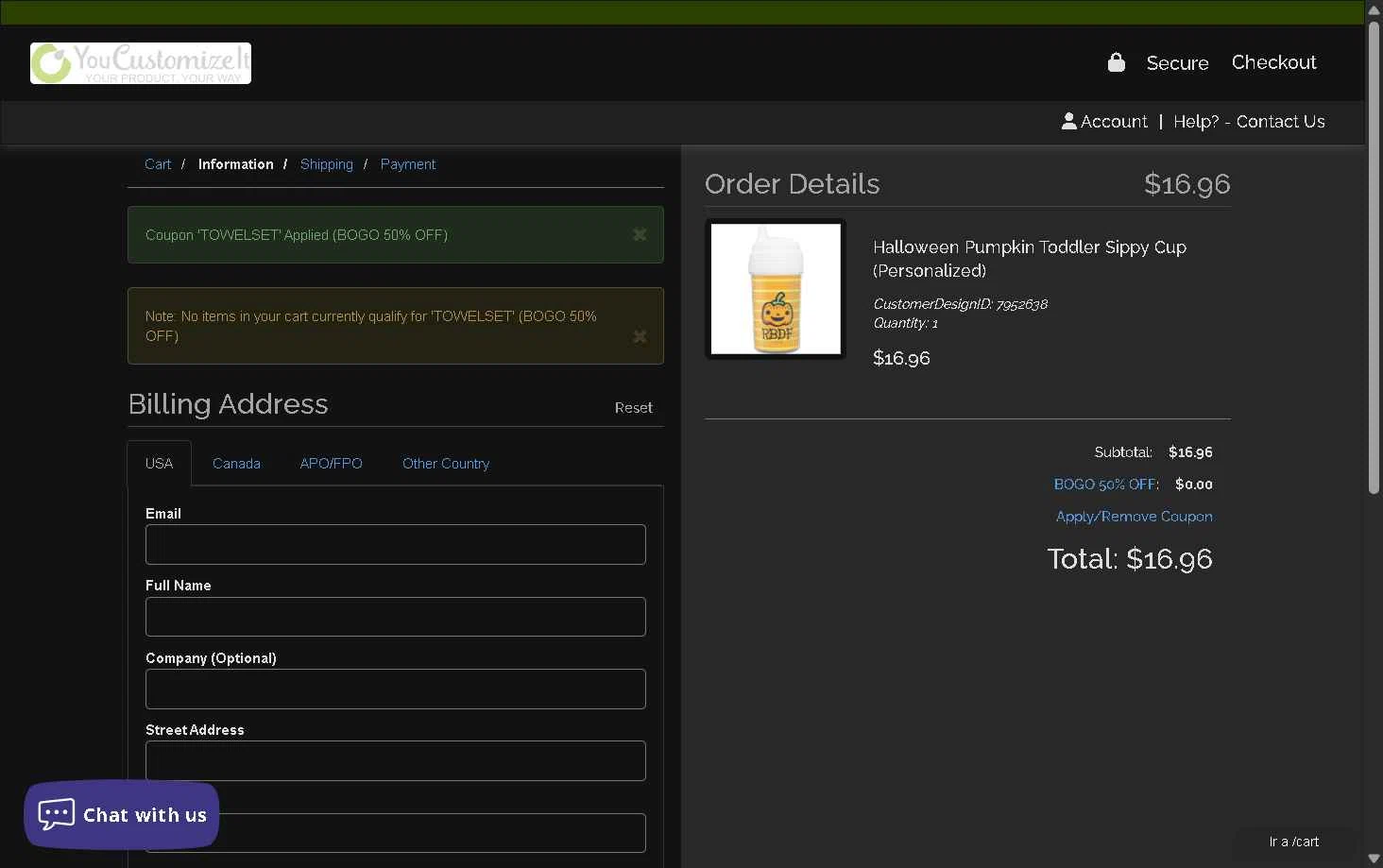 YouCustomizeIt checkout page showing YouCustomizeIt promo code box | Screenshot taken by SimplyCodes community member on Dec 1, 2025