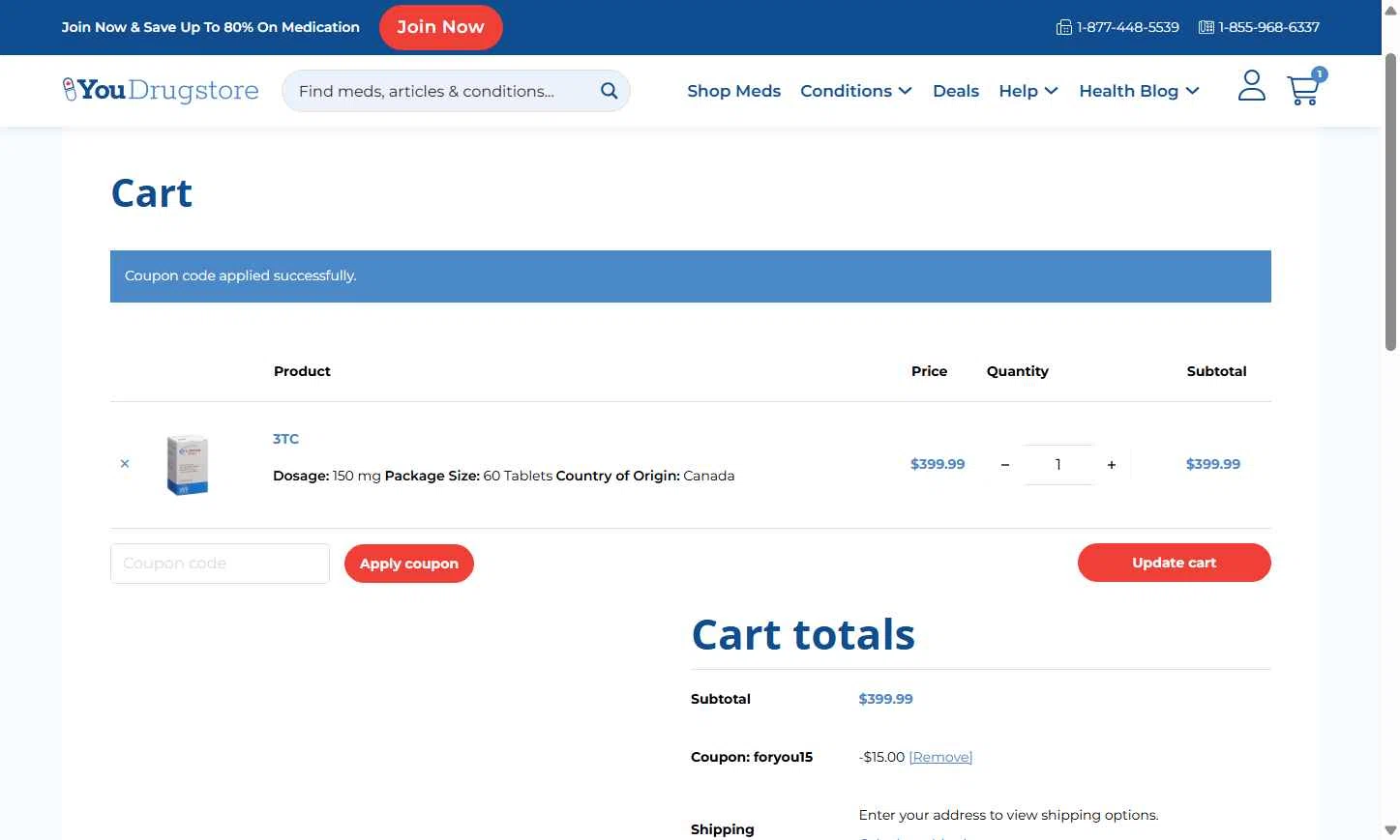 YouDrugstore checkout page showing YouDrugstore coupon code box | Screenshot taken by SimplyCodes community member on Sep 2, 2025