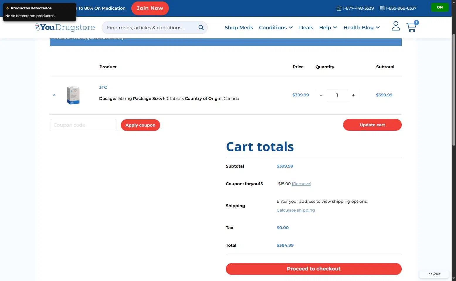 YouDrugstore checkout page showing YouDrugstore coupon code box | Screenshot taken by SimplyCodes community member on Oct 1, 2025