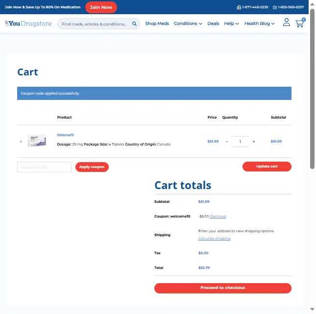 YouDrugstore checkout page showing YouDrugstore coupon code box | Screenshot taken by SimplyCodes community member on Sep 7, 2025