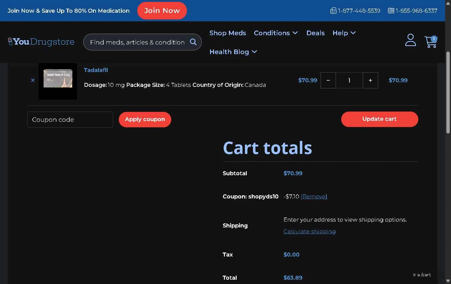 YouDrugstore checkout page showing YouDrugstore coupon code box | Screenshot taken by SimplyCodes community member on Nov 14, 2025