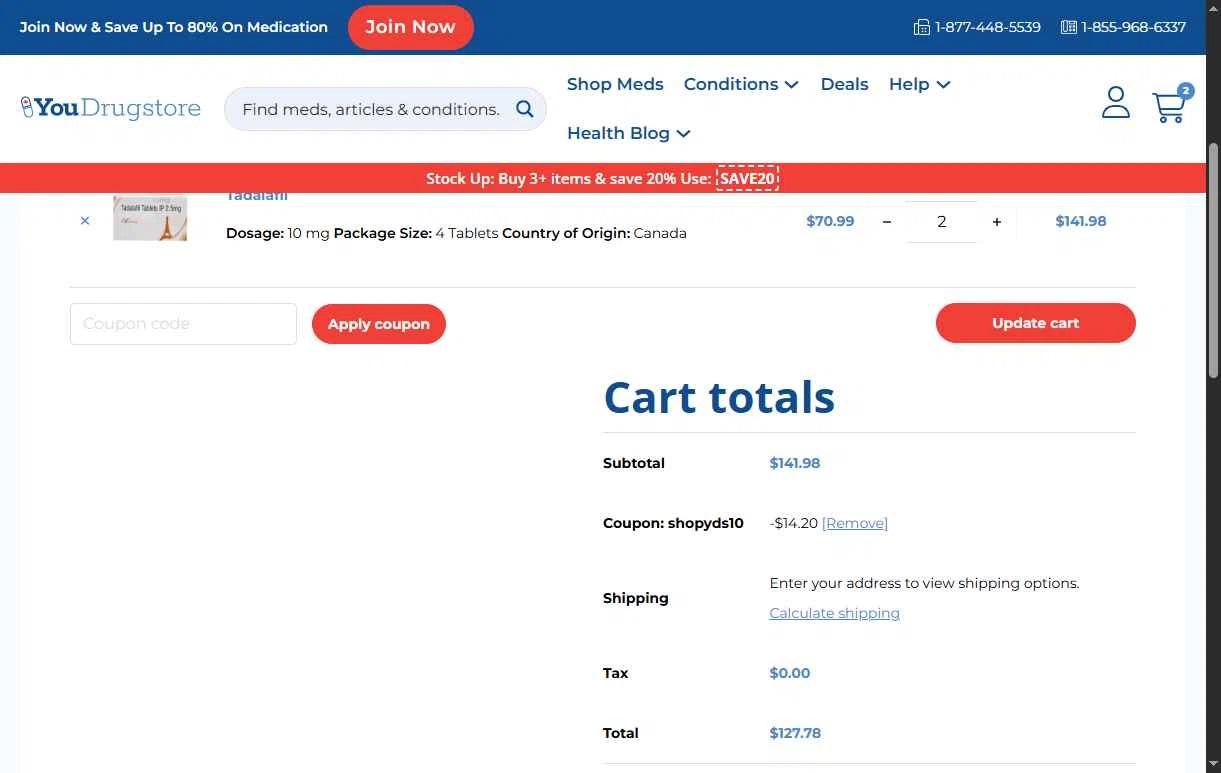 YouDrugstore checkout page showing YouDrugstore coupon code box | Screenshot taken by SimplyCodes community member on Dec 13, 2025