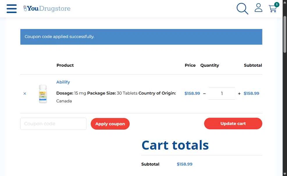 YouDrugstore checkout page showing YouDrugstore coupon code box | Screenshot taken by SimplyCodes community member on Oct 1, 2025