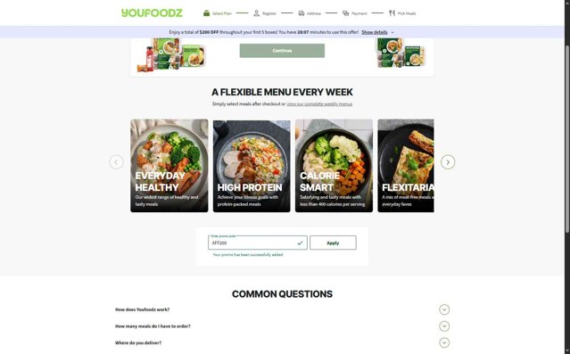 Youfoodz checkout page showing Youfoodz discount code box | Screenshot taken by SimplyCodes community member on Aug 16, 2025