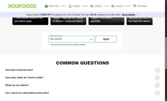 Youfoodz checkout page showing Youfoodz discount code box | Screenshot taken by SimplyCodes community member on Sep 3, 2025