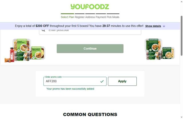 Youfoodz checkout page showing Youfoodz discount code box | Screenshot taken by SimplyCodes community member on Aug 16, 2025