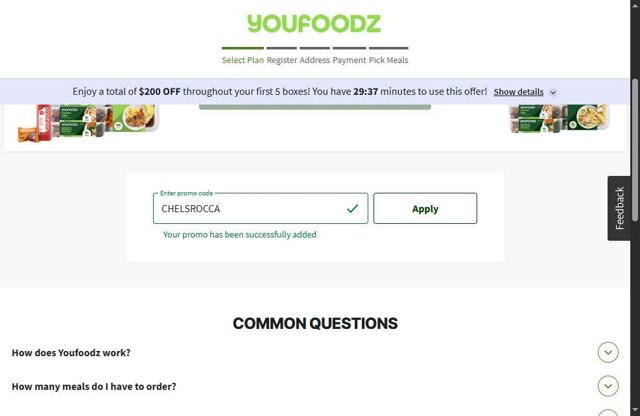 Youfoodz checkout page showing Youfoodz discount code box | Screenshot taken by SimplyCodes community member on Sep 3, 2025