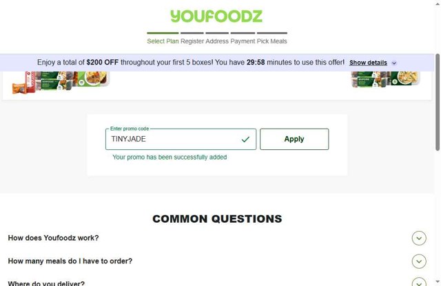 Youfoodz checkout page showing Youfoodz discount code box | Screenshot taken by SimplyCodes community member on Aug 16, 2025