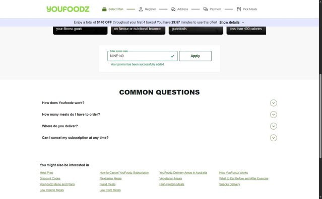 Youfoodz checkout page showing Youfoodz discount code box | Screenshot taken by SimplyCodes community member on Sep 5, 2025