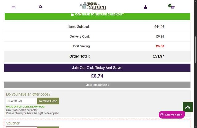 YouGarden checkout page showing YouGarden discount code box | Screenshot taken by SimplyCodes community member on Jul 23, 2025
