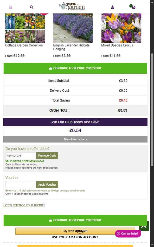 YouGarden checkout page showing YouGarden discount code box | Screenshot taken by SimplyCodes community member on Jul 23, 2025