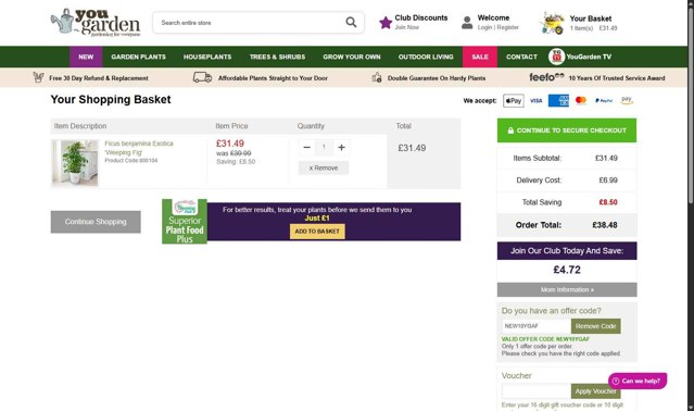 YouGarden checkout page showing YouGarden discount code box | Screenshot taken by SimplyCodes community member on Jul 23, 2025