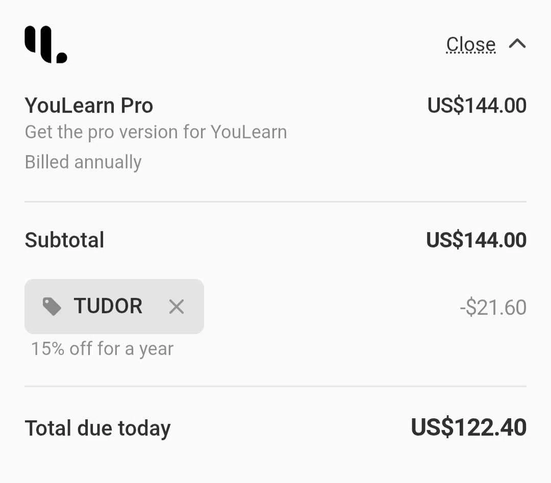 YouLearn promo code screenshot showing code TUDOR applied at YouLearn checkout page. Uploaded by SimplyCodes community member Celebrity on Feb 8, 2026