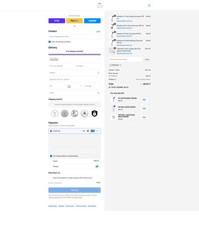 Youn Beauty checkout page showing Youn Beauty discount code box | Screenshot taken by SimplyCodes community member on Sep 12, 2025
