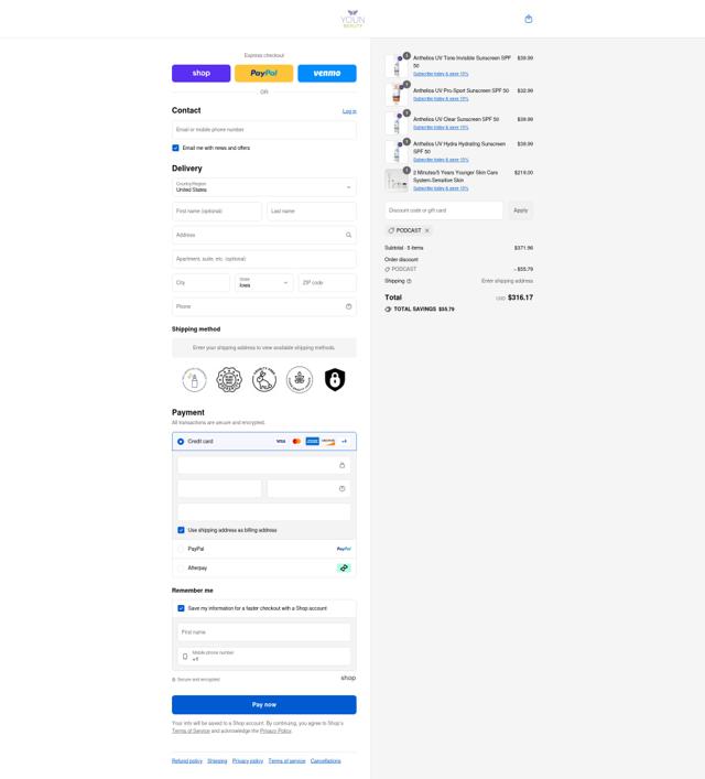 Youn Beauty checkout page showing Youn Beauty discount code box | Screenshot taken by SimplyCodes community member on Sep 8, 2025