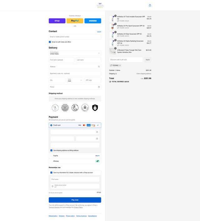 Youn Beauty checkout page showing Youn Beauty discount code box | Screenshot taken by SimplyCodes community member on Sep 3, 2025