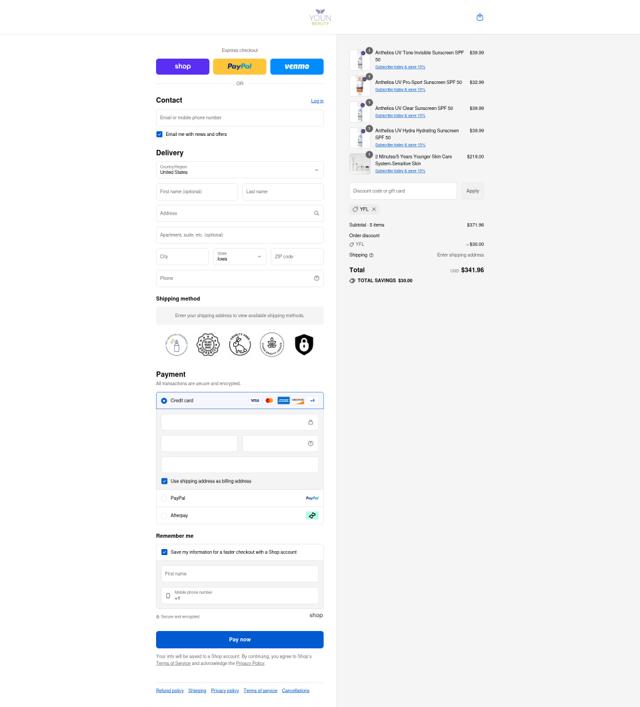 Youn Beauty checkout page showing Youn Beauty discount code box | Screenshot taken by SimplyCodes community member on Sep 8, 2025