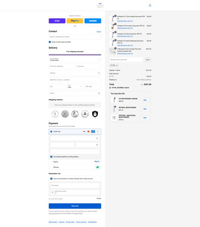 Youn Beauty checkout page showing Youn Beauty discount code box | Screenshot taken by SimplyCodes community member on Sep 12, 2025