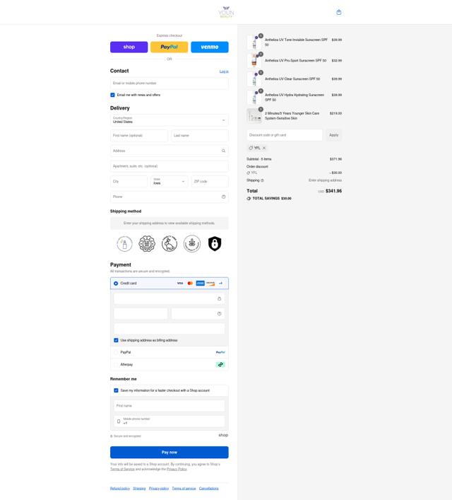 Youn Beauty checkout page showing Youn Beauty discount code box | Screenshot taken by SimplyCodes community member on Sep 3, 2025