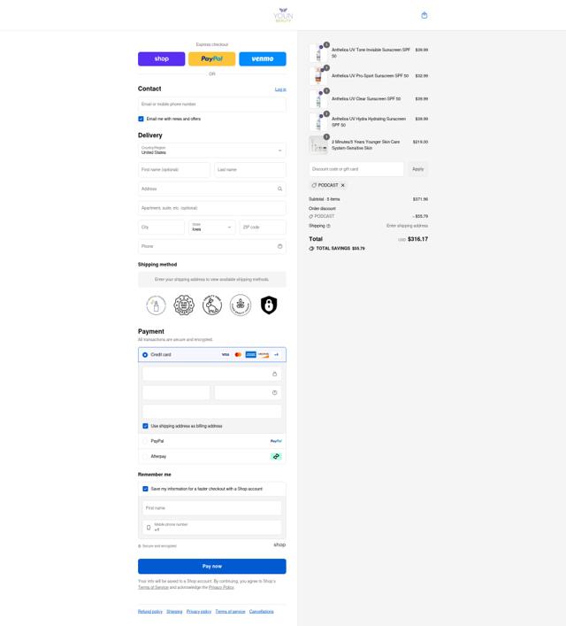 Youn Beauty checkout page showing Youn Beauty discount code box | Screenshot taken by SimplyCodes community member on Sep 3, 2025