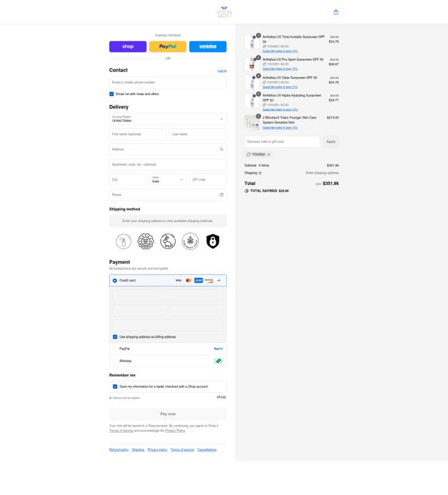 Youn Beauty checkout page showing Youn Beauty discount code box | Screenshot taken by SimplyCodes community member on Sep 8, 2025