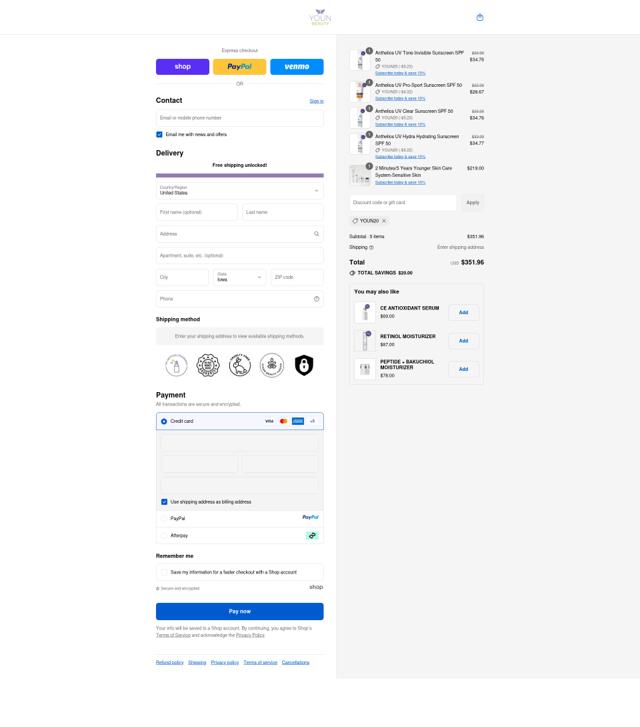 Youn Beauty checkout page showing Youn Beauty discount code box | Screenshot taken by SimplyCodes community member on Sep 12, 2025