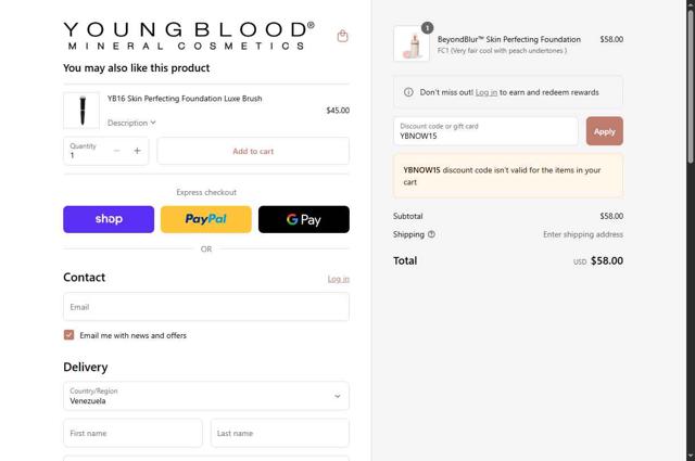 Youngblood Mineral Cosmetics checkout page showing Youngblood Mineral Cosmetics promo code box | Screenshot taken by SimplyCodes community member on Sep 6, 2025