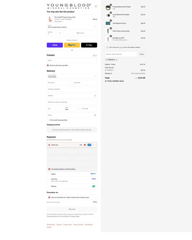 Youngblood Mineral Cosmetics checkout page showing Youngblood Mineral Cosmetics promo code box | Screenshot taken by SimplyCodes community member on Sep 10, 2025