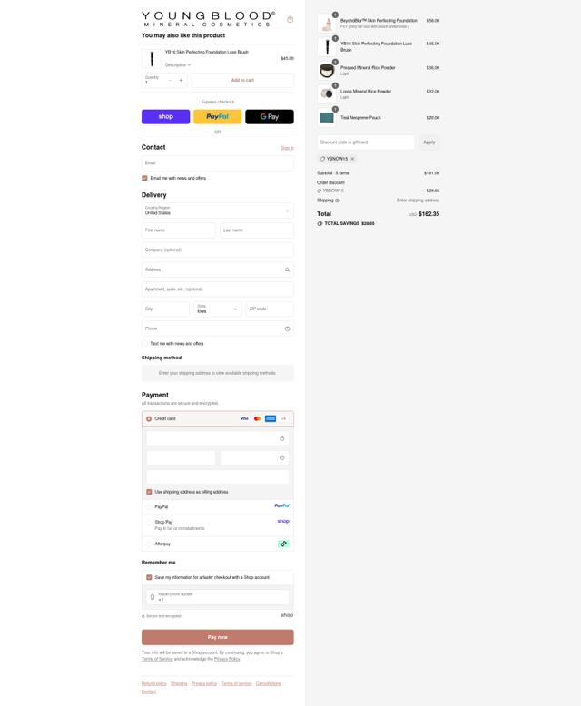 Youngblood Mineral Cosmetics checkout page showing Youngblood Mineral Cosmetics promo code box | Screenshot taken by SimplyCodes community member on Sep 14, 2025
