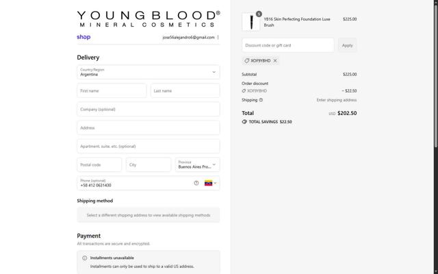Youngblood Mineral Cosmetics checkout page showing Youngblood Mineral Cosmetics promo code box | Screenshot taken by SimplyCodes community member on Sep 15, 2025