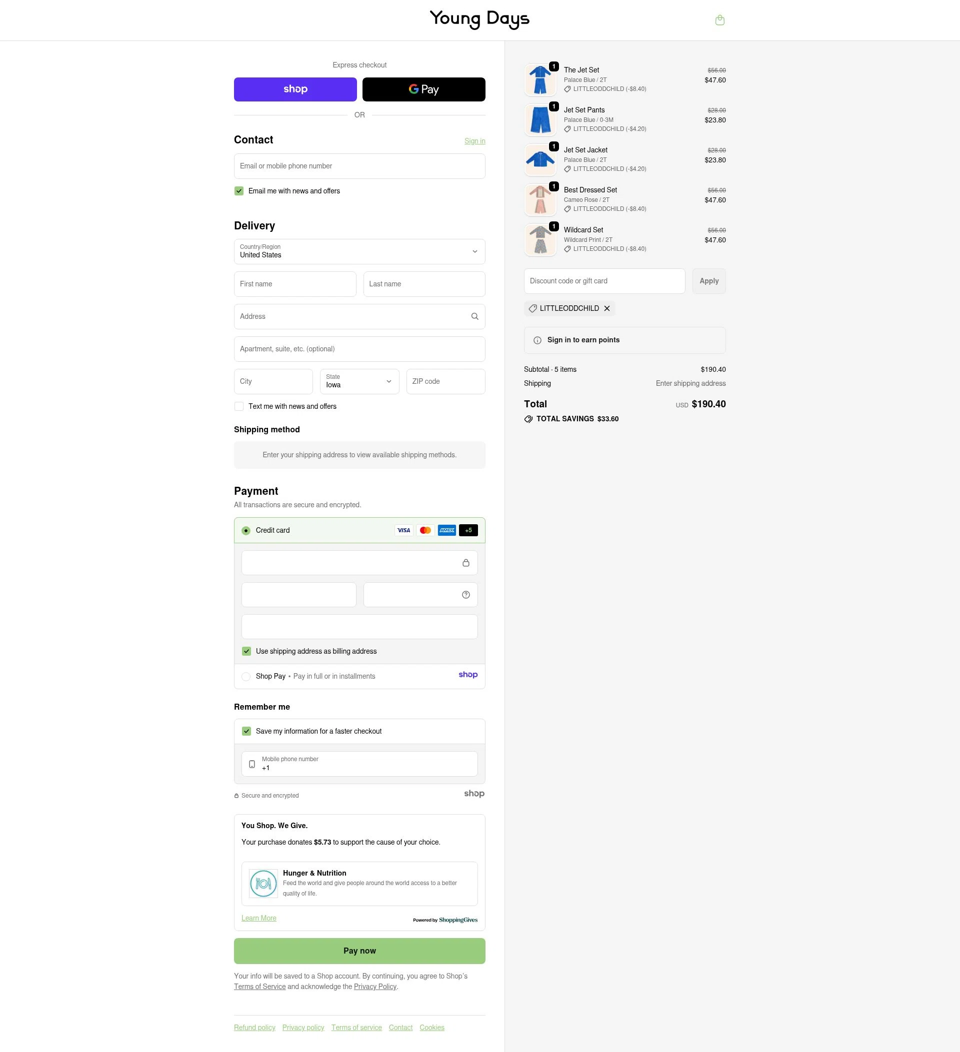 Young Days Clothing checkout page showing Young Days Clothing promo code box | Screenshot taken by SimplyCodes community member on Dec 11, 2025
