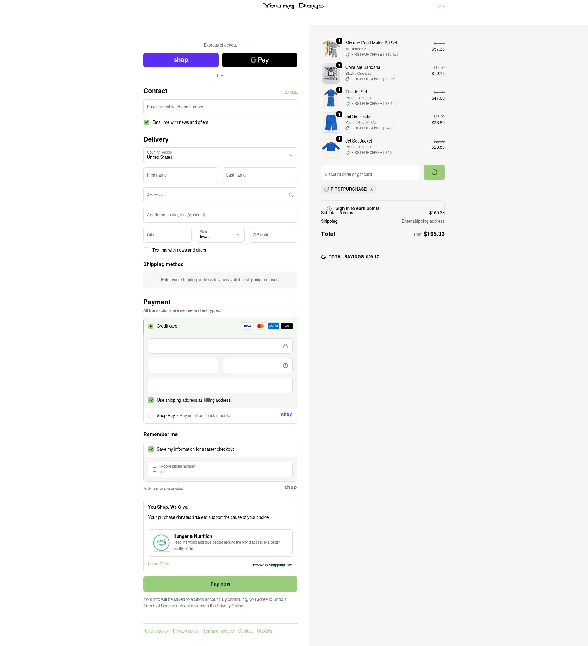 Young Days Clothing checkout page showing Young Days Clothing promo code box | Screenshot taken by SimplyCodes community member on Dec 29, 2025