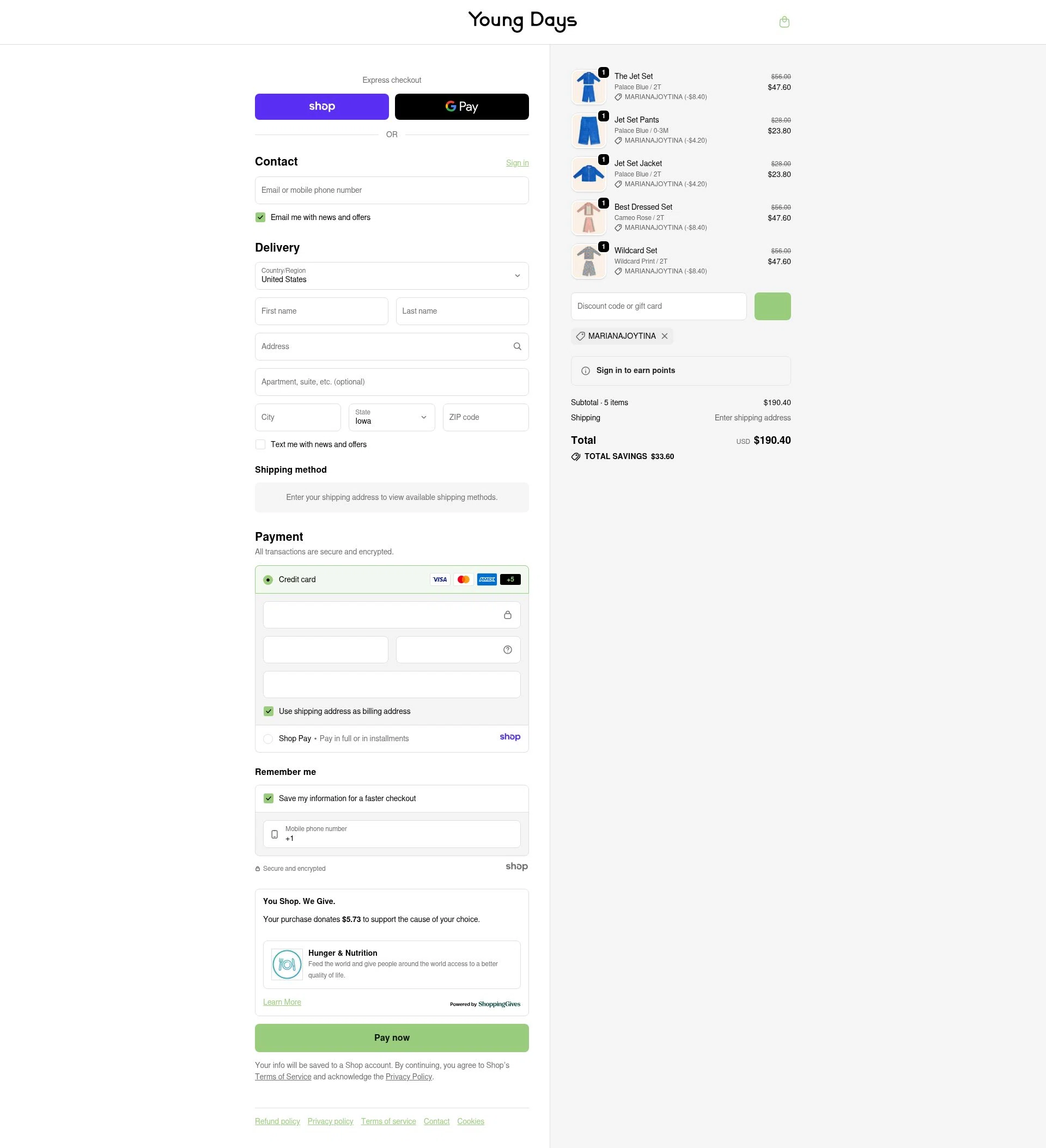 Young Days Clothing checkout page showing Young Days Clothing promo code box | Screenshot taken by SimplyCodes community member on Dec 17, 2025