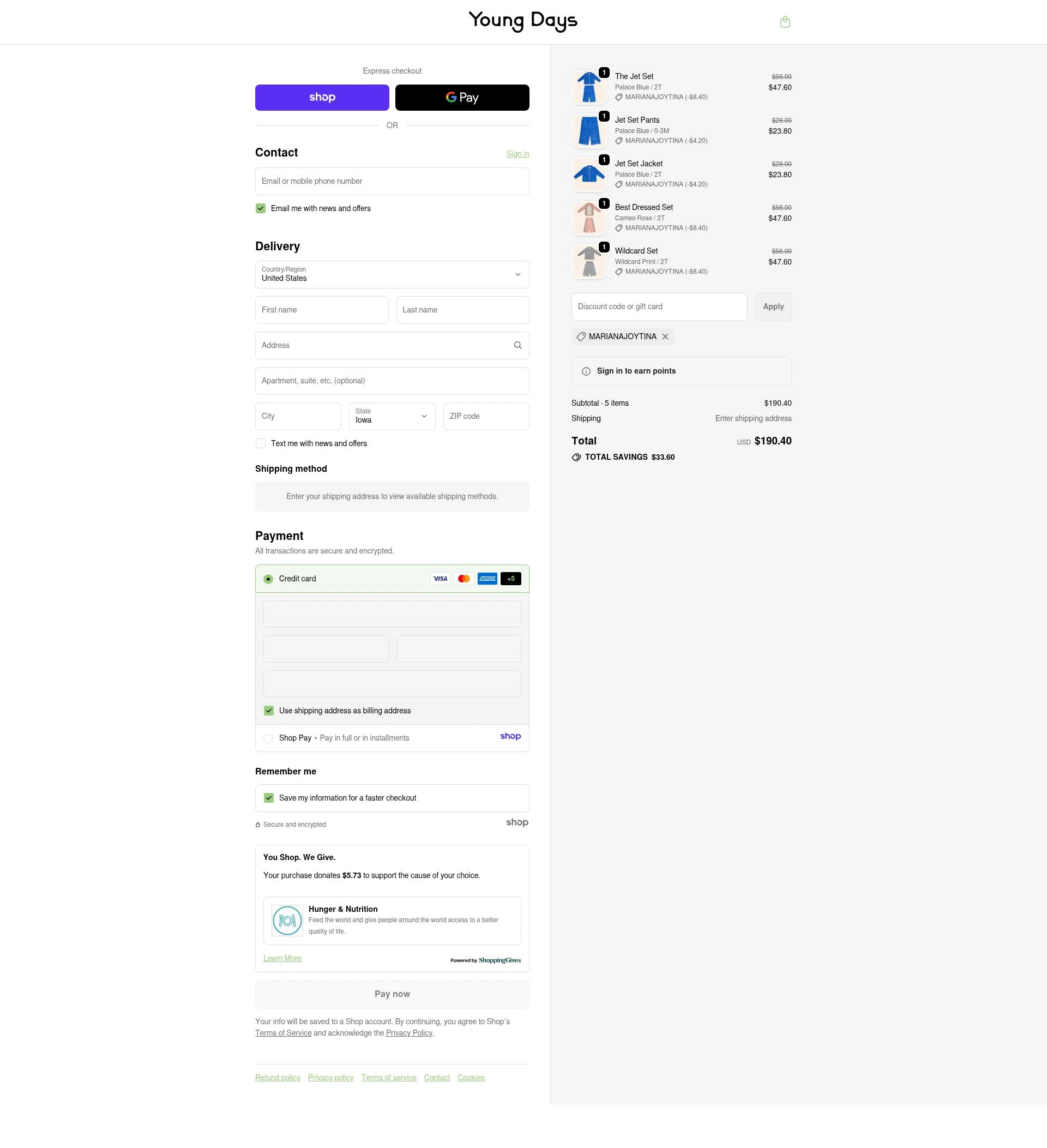 Young Days Clothing checkout page showing Young Days Clothing promo code box | Screenshot taken by SimplyCodes community member on Dec 11, 2025