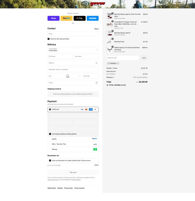 Young Electric checkout page showing Young Electric discount code box | Screenshot taken by SimplyCodes community member on Sep 12, 2025