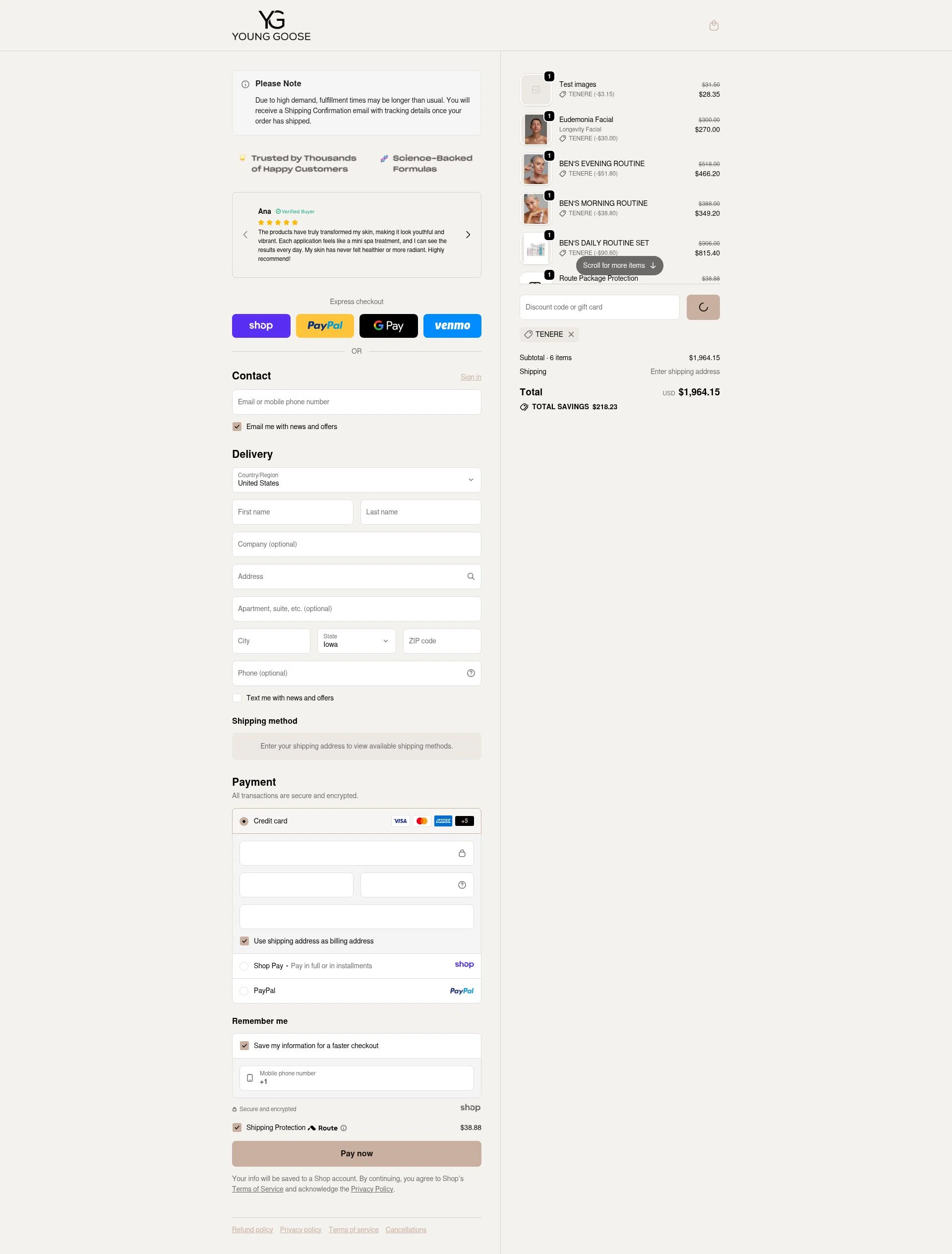 Young Goose checkout page showing Young Goose discount code box | Screenshot taken by SimplyCodes community member on Dec 30, 2025
