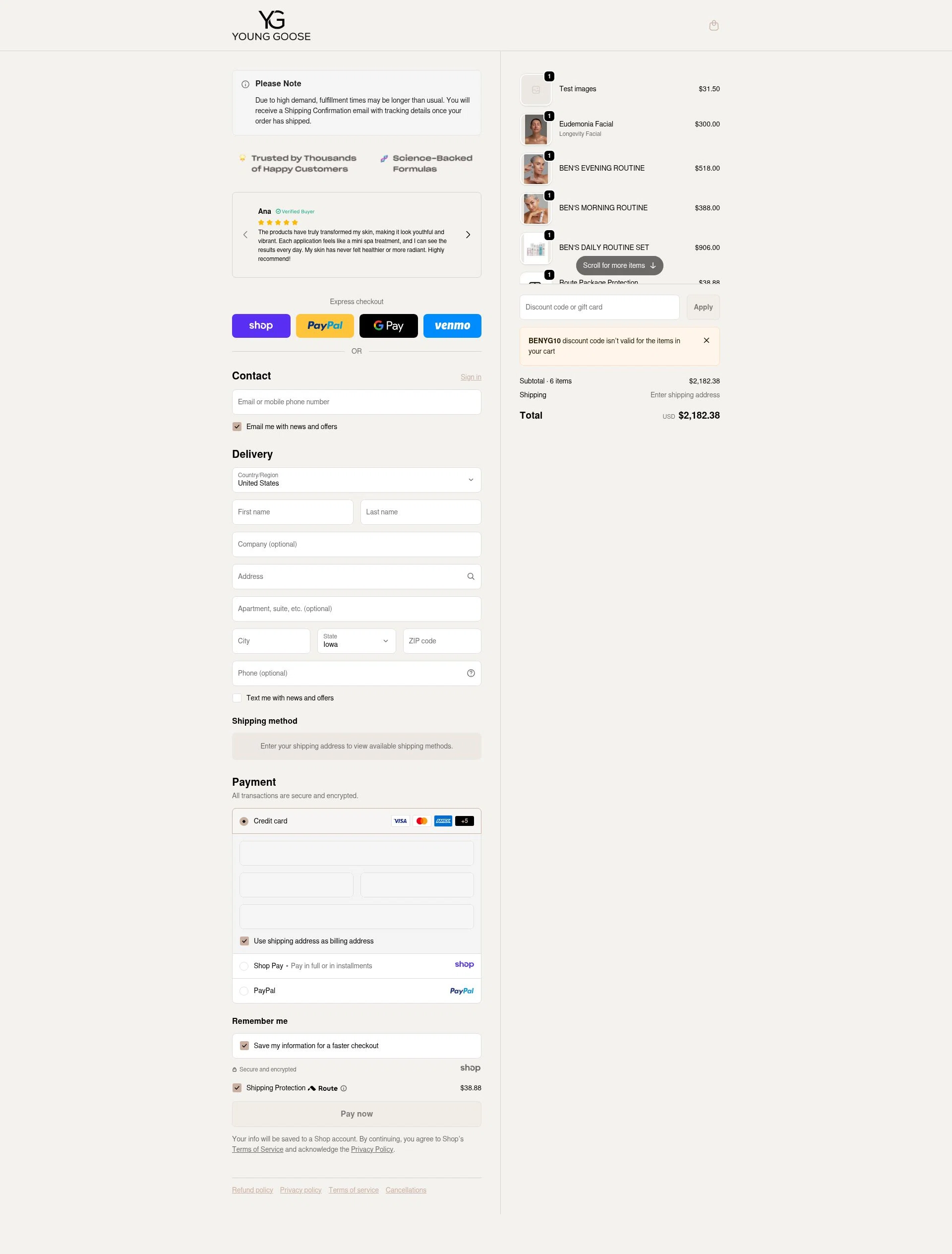 Young Goose checkout page showing Young Goose discount code box | Screenshot taken by SimplyCodes community member on Dec 30, 2025
