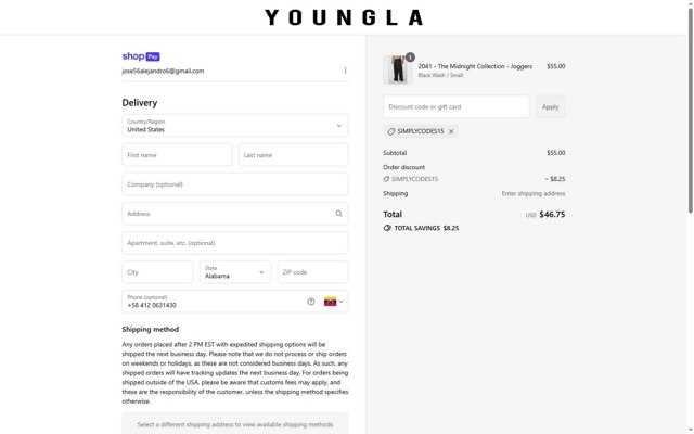 YoungLA checkout page showing YoungLA discount code box | Screenshot taken by SimplyCodes community member on Jul 15, 2025