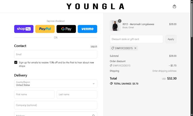 YoungLA checkout page showing YoungLA discount code box | Screenshot taken by SimplyCodes community member on Aug 28, 2025