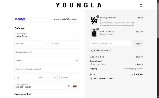 YoungLA checkout page showing YoungLA discount code box | Screenshot taken by SimplyCodes community member on Aug 15, 2025