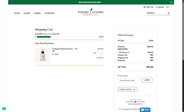 Young Living checkout page showing Young Living promo code box | Screenshot taken by SimplyCodes community member on Aug 28, 2025