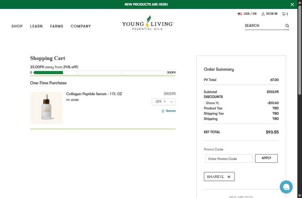 Young Living checkout page showing Young Living promo code box | Screenshot taken by SimplyCodes community member on Dec 27, 2025
