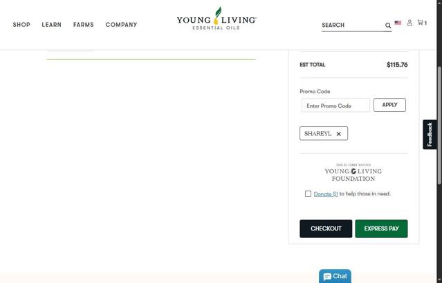 Young Living checkout page showing Young Living promo code box | Screenshot taken by SimplyCodes community member on Aug 19, 2025