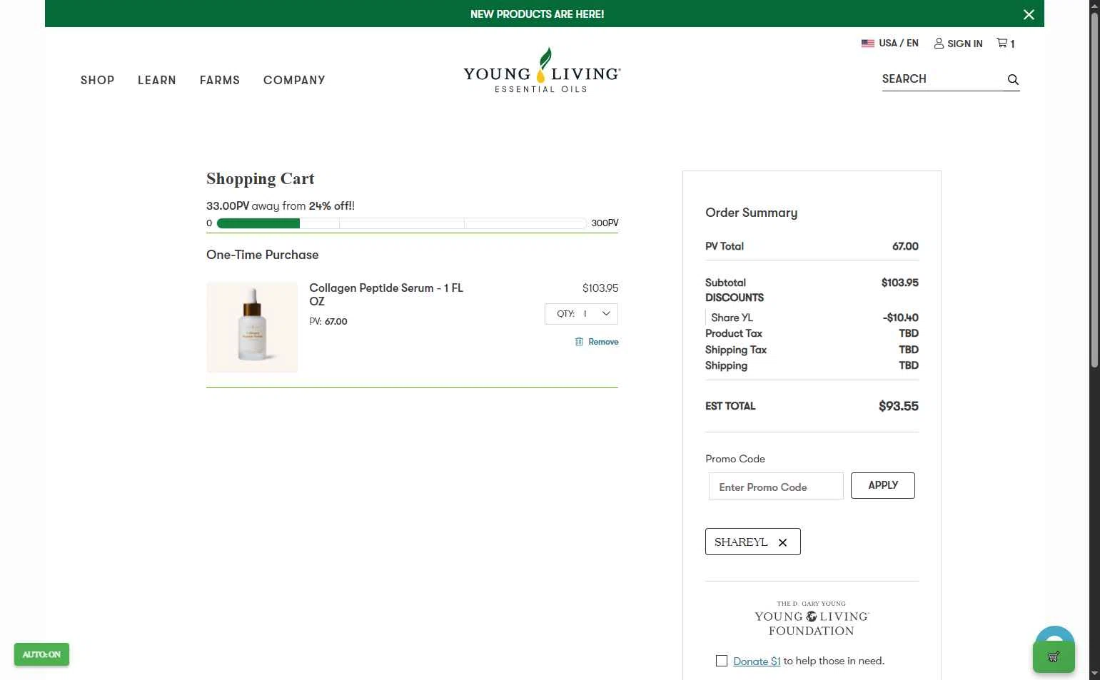 Young Living checkout page showing Young Living promo code box | Screenshot taken by SimplyCodes community member on Dec 1, 2025