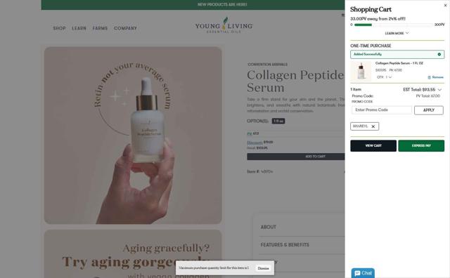 Young Living checkout page showing Young Living promo code box | Screenshot taken by SimplyCodes community member on Oct 3, 2025