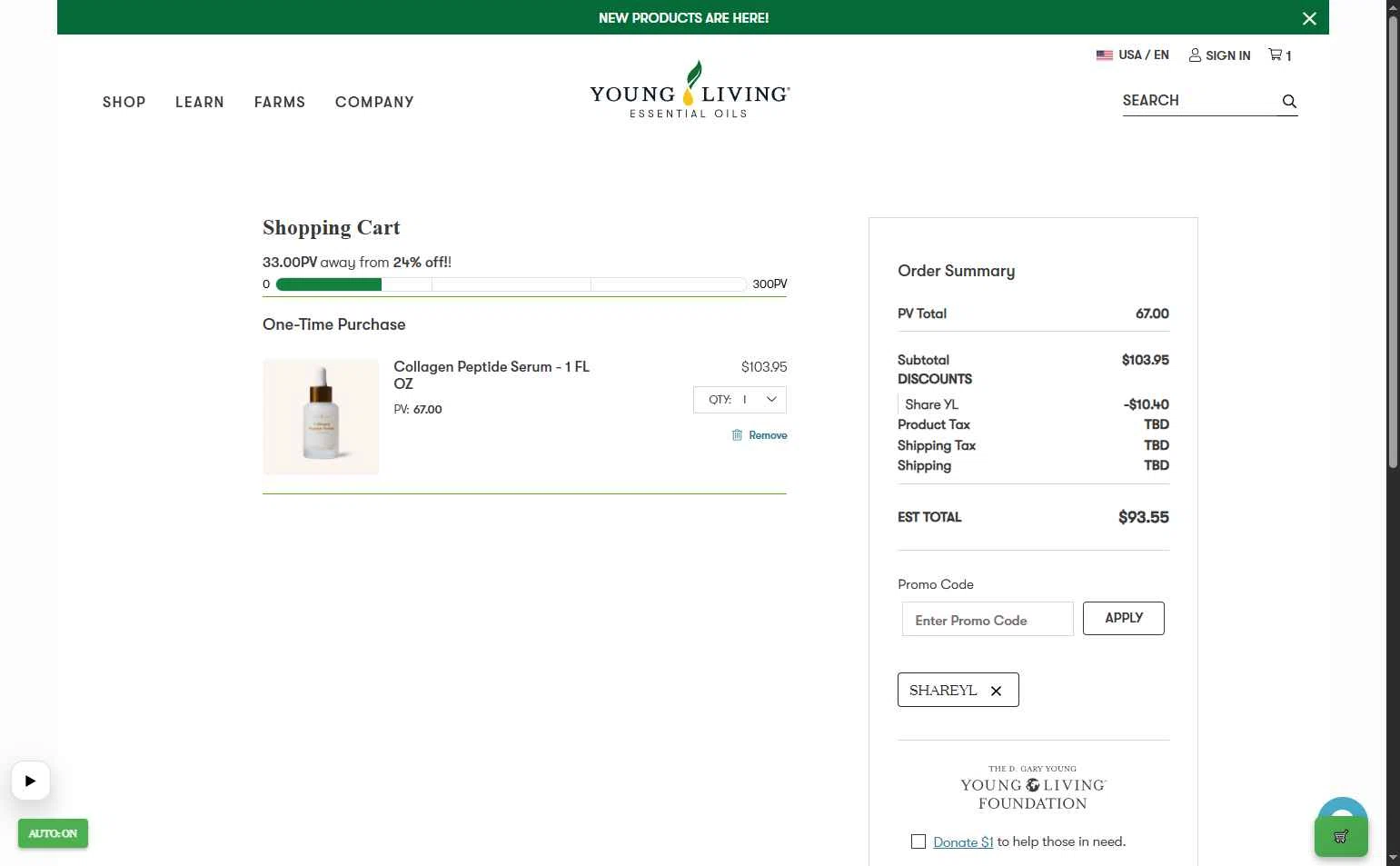 Young Living checkout page showing Young Living promo code box | Screenshot taken by SimplyCodes community member on Jan 4, 2026
