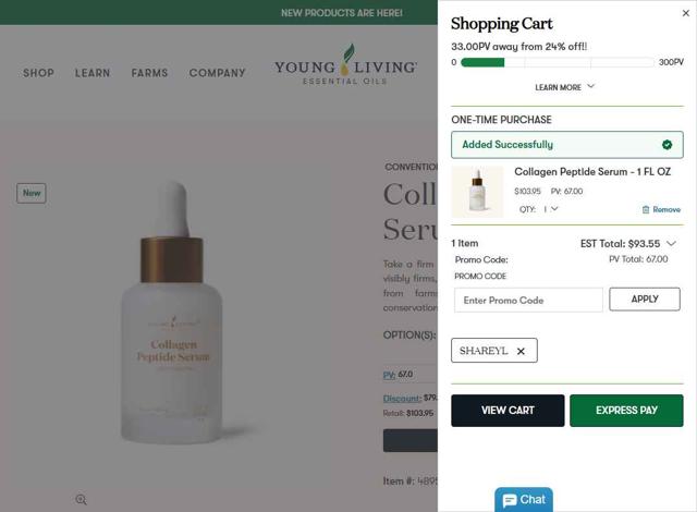 Young Living checkout page showing Young Living promo code box | Screenshot taken by SimplyCodes community member on Sep 30, 2025