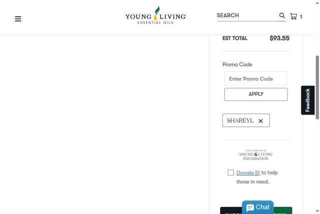 Young Living checkout page showing Young Living promo code box | Screenshot taken by SimplyCodes community member on Sep 19, 2025