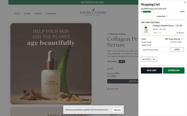 Young Living checkout page showing Young Living promo code box | Screenshot taken by SimplyCodes community member on Sep 30, 2025