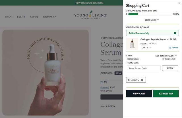 Young Living checkout page showing Young Living promo code box | Screenshot taken by SimplyCodes community member on Oct 3, 2025